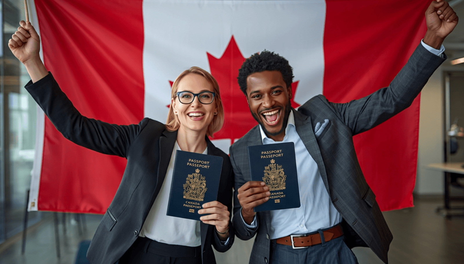 New Canadian citizens celebrating with flags and citizenship certificates