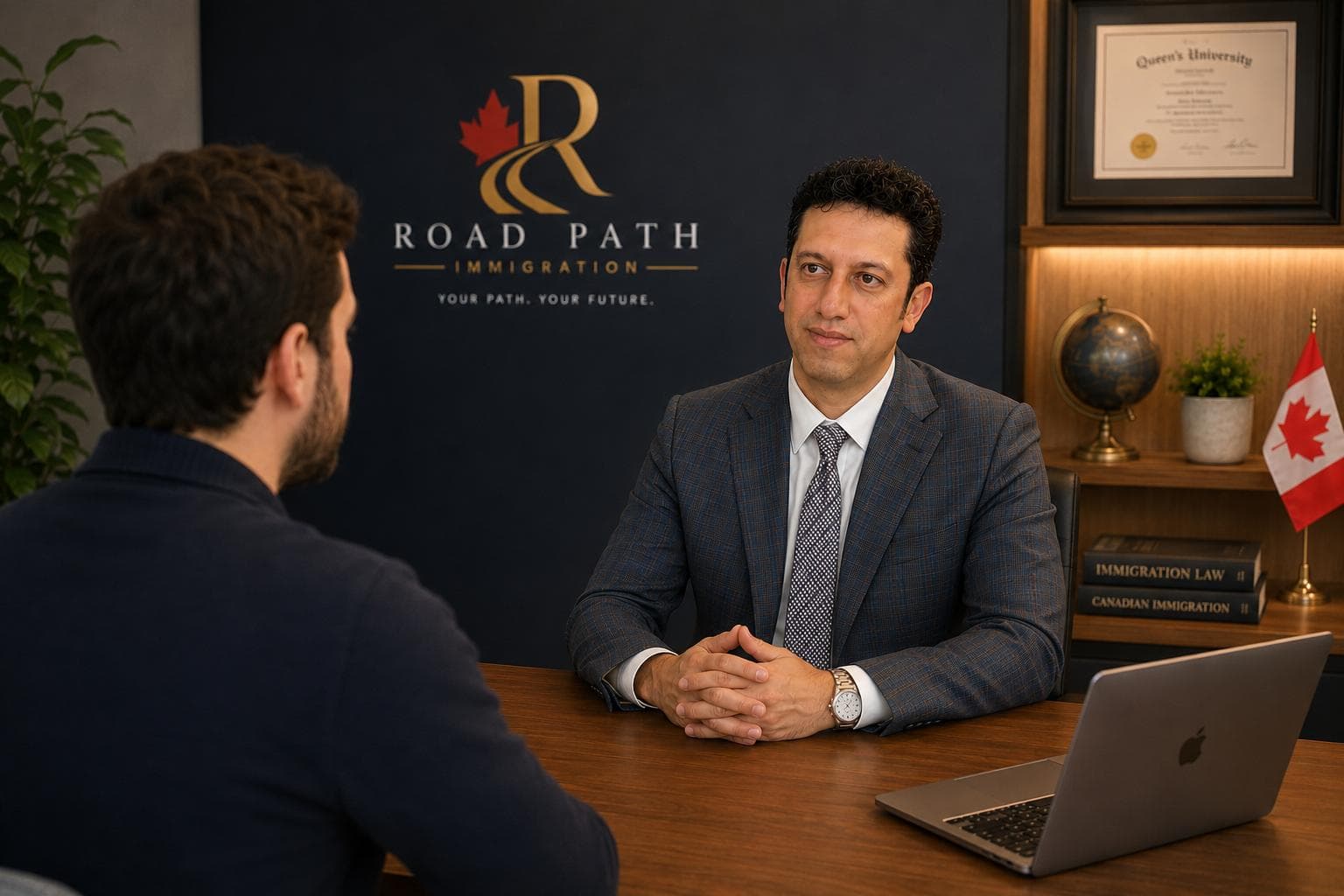 Reza Azizpour meeting with a client at Road Path Immigration