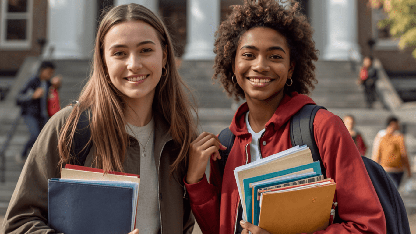 International students holding study materials on campus