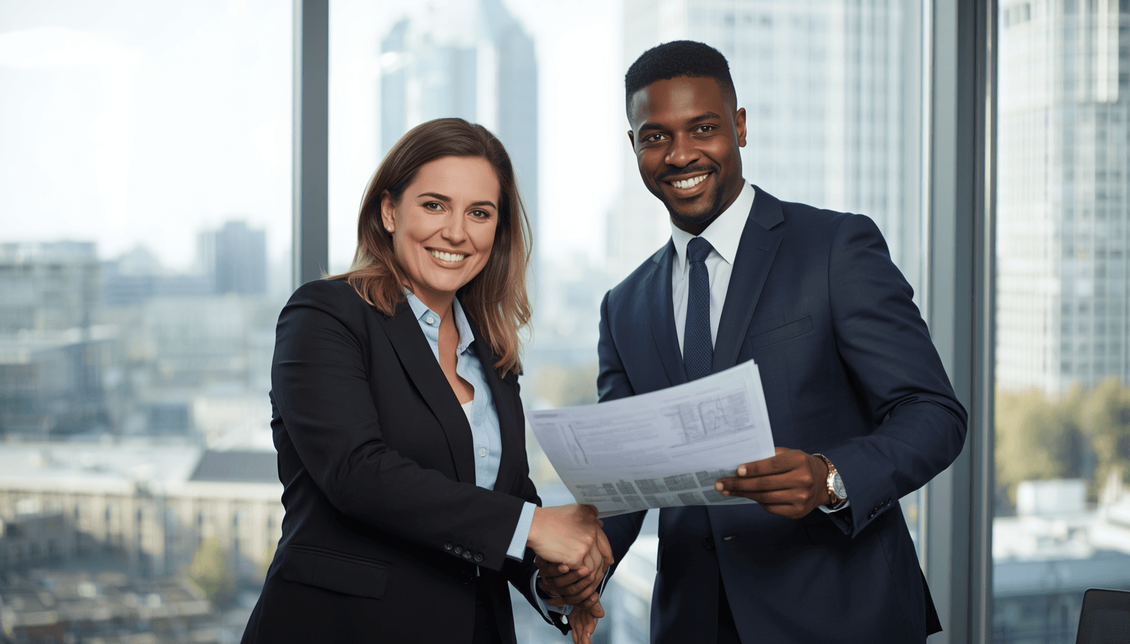 Business professionals reviewing documents in a modern Canadian office