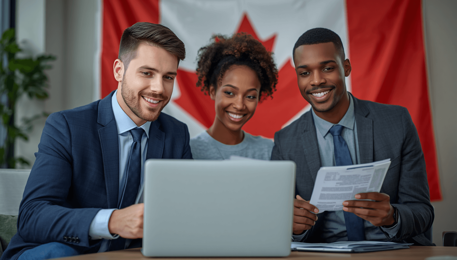 Skilled professionals reviewing immigration documents with a Canadian flag in the background