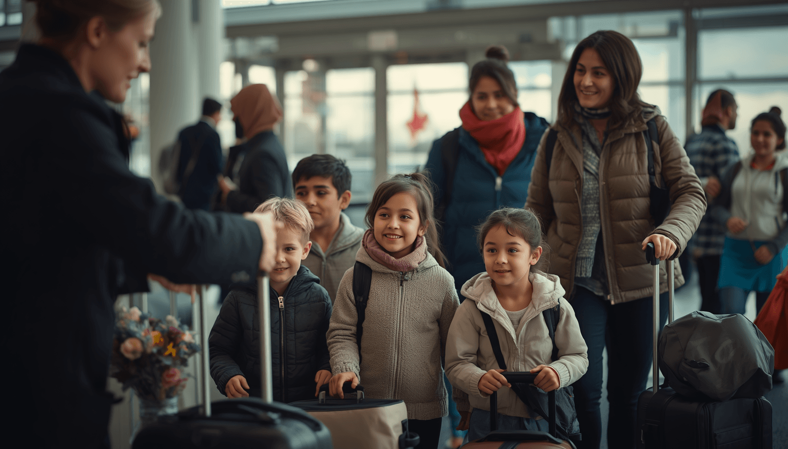 Refugee family arriving in Canada with luggage