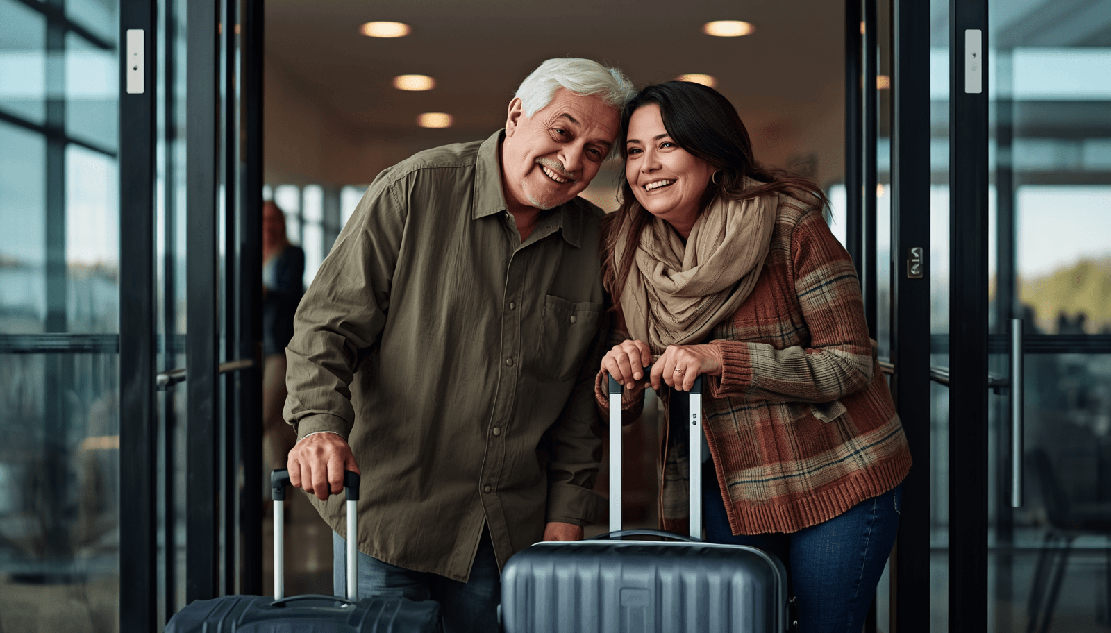 Parents or grandparents arriving with luggage for a family visit