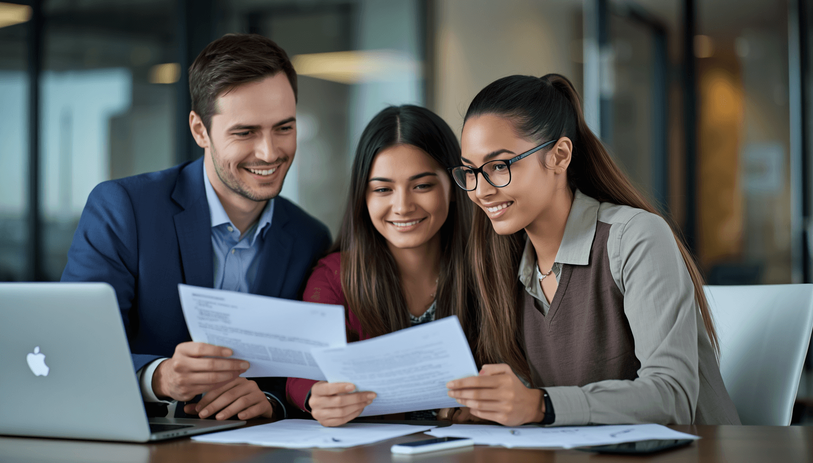 Young professionals reviewing work permit documents together